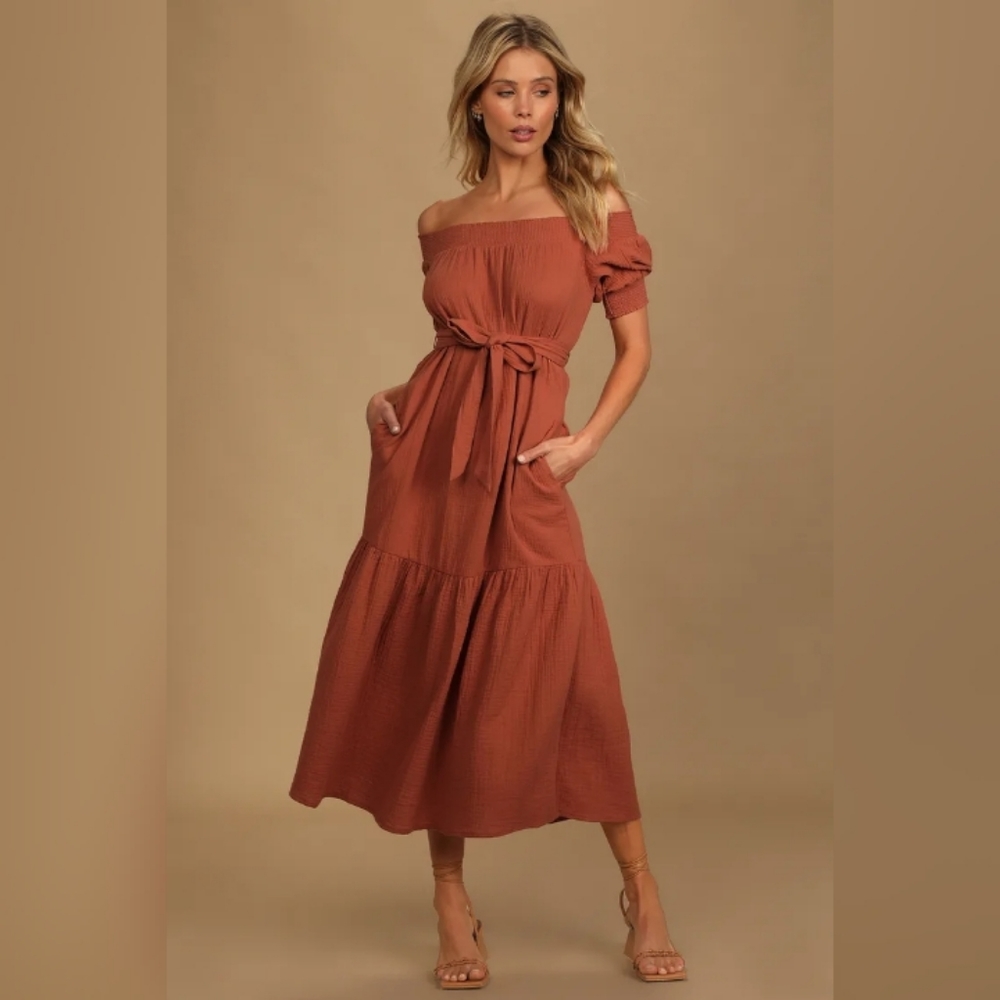 Lulu's Ready for Sunshine Rust Orange Off-the-Shoulder Maxi Dress